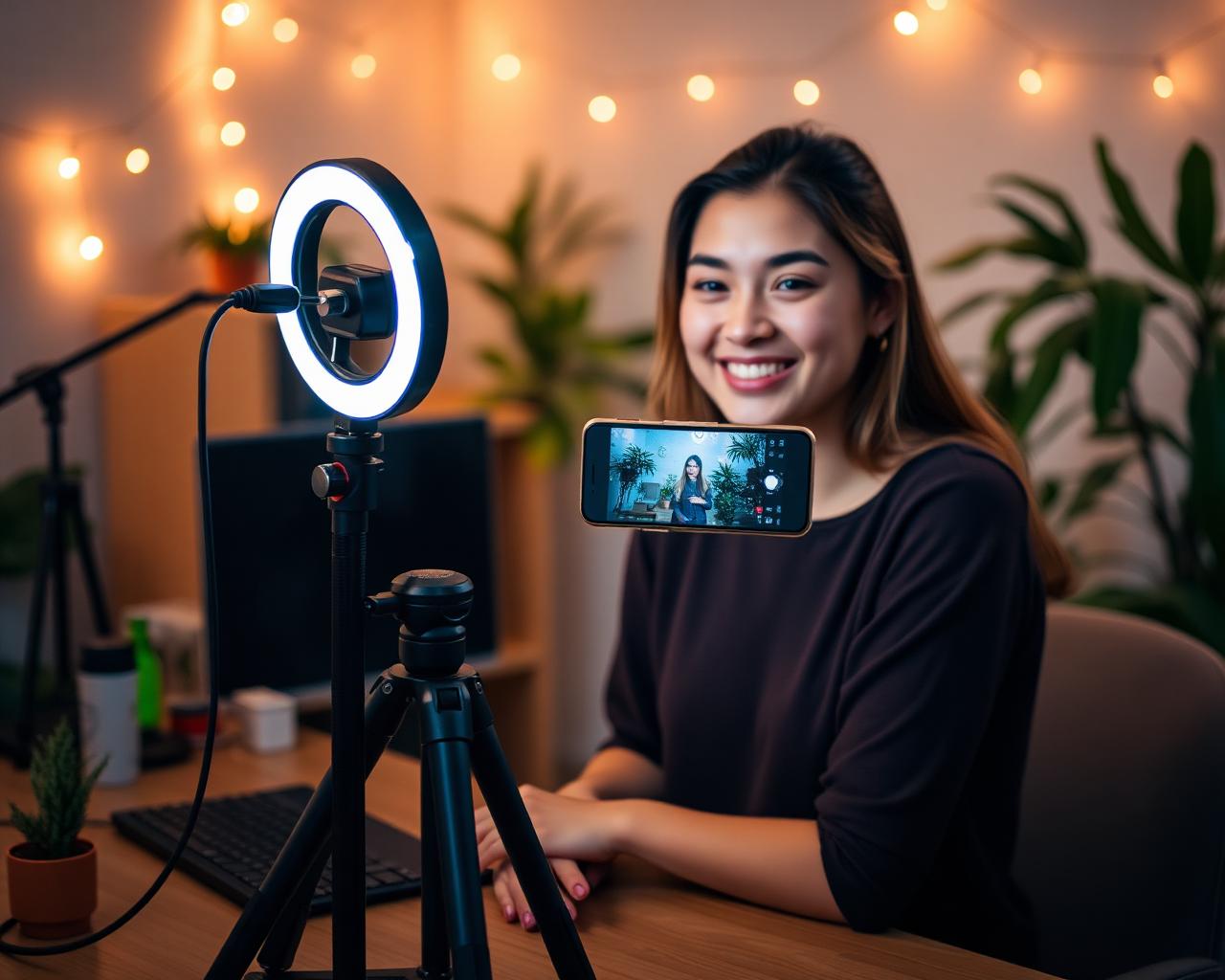 Creadora de contenido grabando con el kit